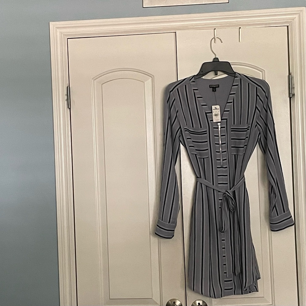 Express Mid-zipper Light Blue/Navy Stripped Shirtdress.